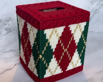 Vintage Christmas Argyle Plastic Canvas Tissue Box Cover Handmade Needlepoint