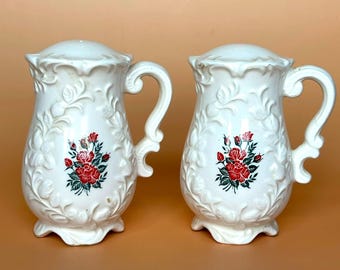 Vintage Enesco Ceramic Pitcher Salt & Pepper Shakers Red Rose Floral White