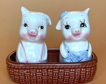 Vintage Pig Salt Pepper Shakers w Basket Holder Ceramic Taiwan 3pc Kitsch