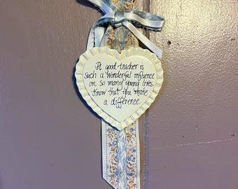Vintage Teacher Appreciation Heart Wall Hanging Ribbon Plaque 9" Cottage Decor
