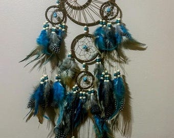 Heavy Handmade Dreamcatcher Turquoise Copper Feathers Multi Hoop