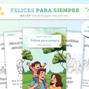 Puede incluir: Un cuaderno de actividades para niños titulado Felices para siempre 2026 Asamblea, con una portada colorida de una familia en un parque y varias páginas interiores en blanco y negro con ilustraciones y texto, de 21 x 29,7 cm.