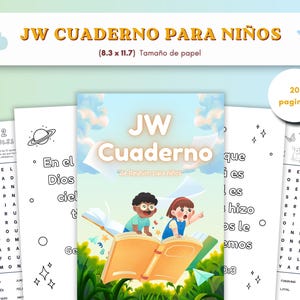 May include: A digital activity workbook titled JW Cuaderno de Reunion para ninos, featuring 20 pages of 8.3 x 11.7 inch paper. The cover displays two children reading a large open book in a grassy field, surrounded by clouds and floating paper.