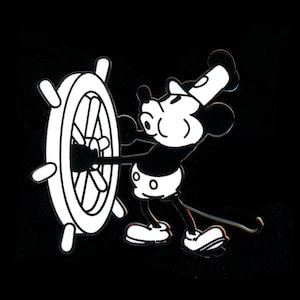 May include: Black and white cartoon illustration of a mouse character steering a ship's wheel. The mouse is wearing white gloves, shorts, and shoes. The wheel is white with black accents, set against a black background.