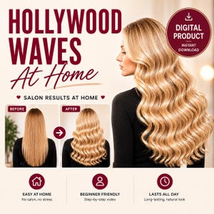 Può includere: Immagine promozionale per un prodotto digitale. Il testo "HOLLYWOOD WAVES At Home" è visualizzato in bordeaux. Viene mostrata una donna con lunghi capelli biondi ondulati. L'immagine include esempi di acconciatura prima e dopo e icone con testo.