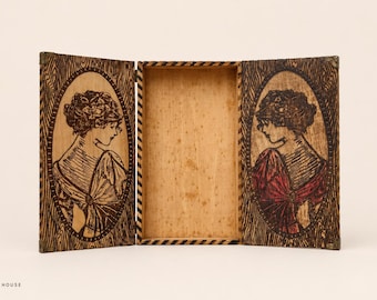 Antique Pyrography Box Double Door Gibson Girl Portrait, Arts & Crafts Wood Burning Keepsake Trinket Box, Edwardian Wood Burned Diptych