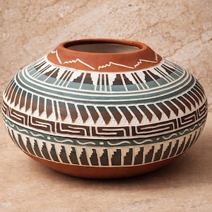 May include: A round, handcrafted ceramic pot with a wide opening. The pot features intricate geometric patterns in white, brown, and teal against a reddish-brown base. The design includes repeating shapes and lines, creating a visually appealing decorative piece.