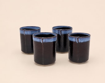 Set of 4 Tenmoku Glazed Studio Cups | Black Cobalt Ceramic | Yunomi Style | Crosshatch Texture | Japanese Influenced Pottery