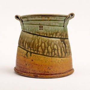 Cunningham Studio Pottery Vessel | Signed Iowa Stoneware | Drip Glaze Oval-Mouth Vase with Handles | Steve's Red Glaze
