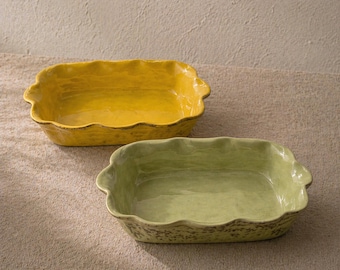 De Silva Italy Ceramic Baking Dishes | Mustard + Sage Set of 2 | Italian Terracotta | Reactive Glaze | Vintage Kitchen | Rustic Modern