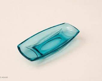 Hazel-Atlas Aqua Blue Glass Boat Dish | Mid-Century Pressed Glass Tray