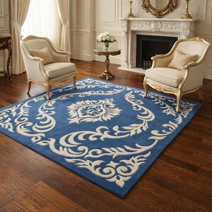 Luxurious Royal Blue Hand-Tufted Wool Rug with Elegant Ivory Damask Scroll Living Room Decor