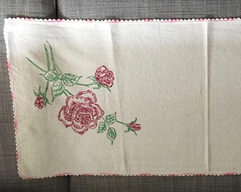 vintage hand-embroidered red rose dresser scarf yellow edging
