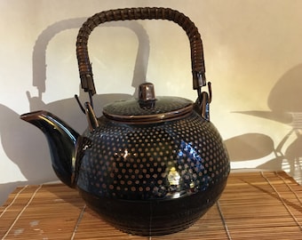 vintage dotted hobnailish brown teapot wicker handle