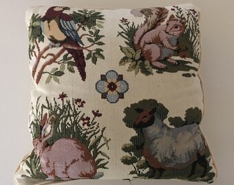 pair (2) vintage lamb rabbit squirrel parrot decorative pillows