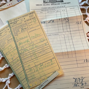 1960 Union Pacific Railroad rount-trip tickets & receipt  Los Angeles CA. to Denver CO- used, in original paper envelope