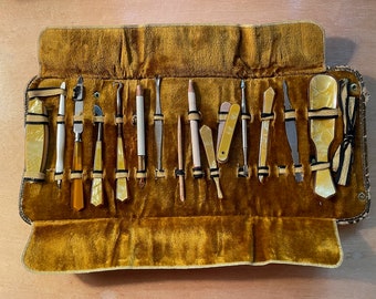 antique manicure set French ivory celluloid bakelite 15 piece vanity travel set