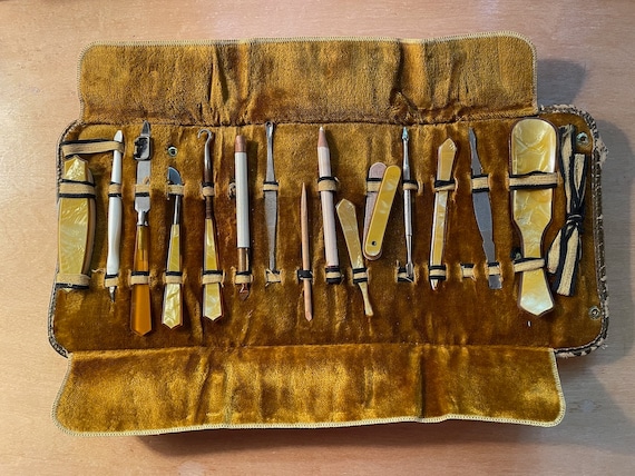 antique manicure set French ivory celluloid bakelite 15 piece vanity travel set
