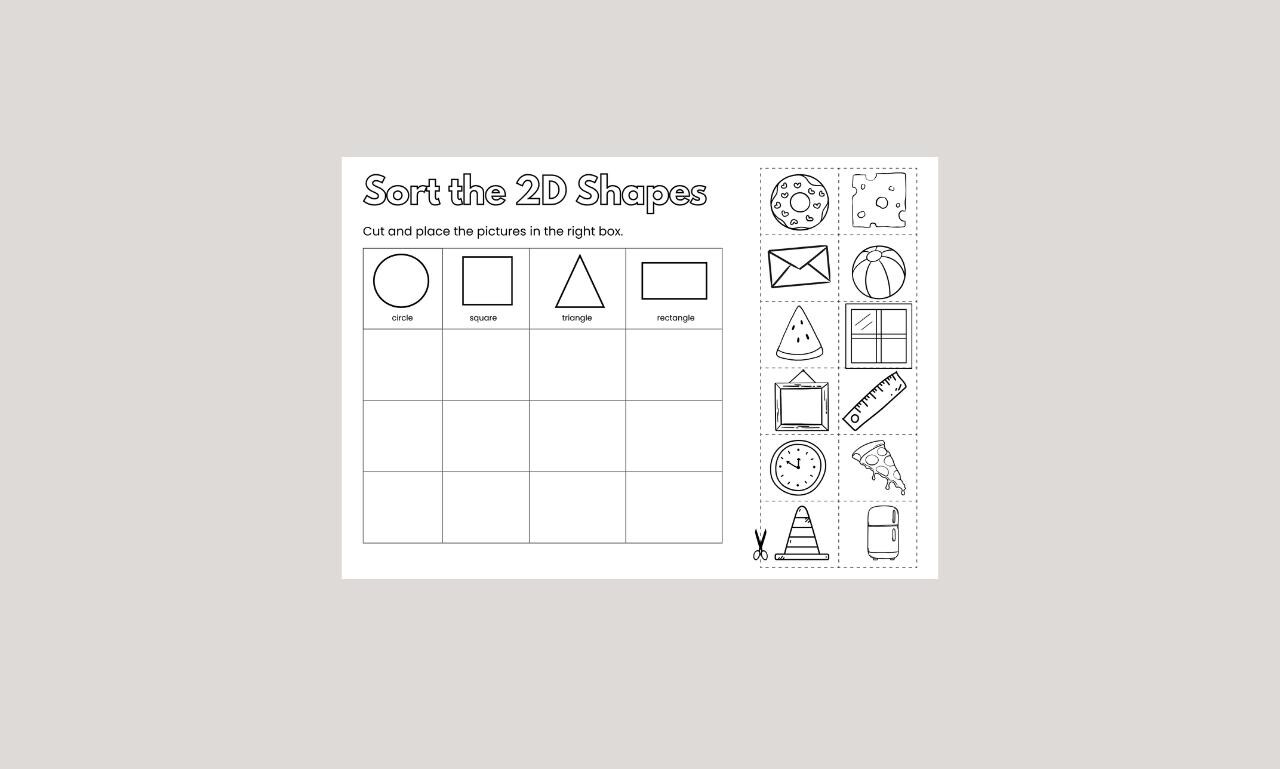 2D Shapes Sorting Worksheet, Black White Printable, Preschool ...