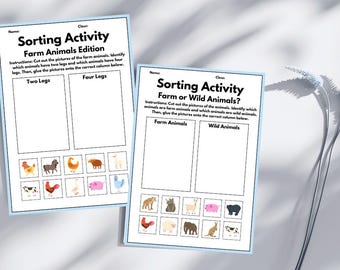 Animals Sorting Activity Printable, Preschool Kindergarten Learning Worksheet