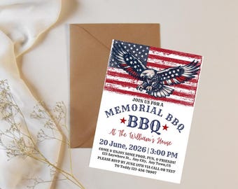 Patriotic Memorial Day BBQ Invitation, Eagle Flag Cookout Invite (Digital Download)