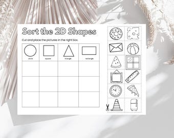 2D Shapes Sorting Worksheet, Black White Printable, Preschool Kindergarten Activity (Instant Download)