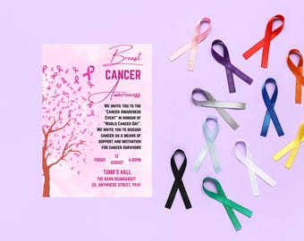 Breast Cancer Awareness Invitation, Pink Ribbon Fundraiser Event Card (Digital Download)