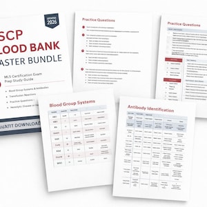 May include: A collection of study materials for the ASCP Blood Bank Master Bundle. The bundle includes a book with the title "ASCP BLOOD BANK MASTER BUNDLE" and several pages of practice questions and tables. The materials are white with red and blue text.