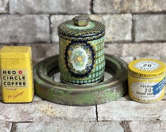 Lata de vela antigua verde y azul marino con diseño de celosía *Recipiente de café de metal amarillo * Tarro de vidrio vintage para crema hidratante