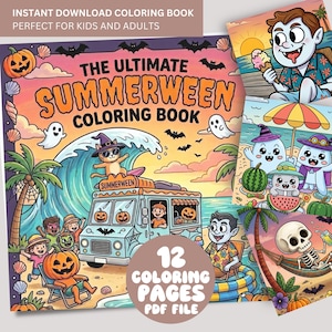 以下が含まれることがあります： 「The Ultimate Summerween Coloring Book」というタイトルの、ハロウィンと夏のテーマのイラストが描かれたカラフルな塗り絵。表紙には、波に乗る猫、不気味なアイスクリームトラック、その他のハロウィンのキャラクターが描かれています。この本には12ページの塗り絵が含まれています。
