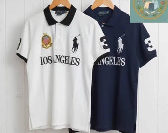 Camisa Polo Ralph Lauren Los Ángeles // Conjunto de polo blanco y azul marino // Camiseta con escudo bordado