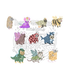 May include: A collection of whimsical animal illustrations, each dressed in a costume. The costumes include a ladybug, shark, bee, dinosaur, and more. The image has the text "her and then designs" in the center.