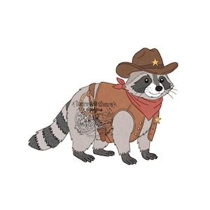 May include: An illustration of a raccoon in a cowboy outfit. The raccoon is wearing a brown cowboy hat with a star, a brown vest, a red bandana, and a sheriff's badge. The raccoon has a striped tail.