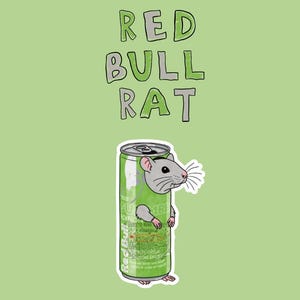 Pegatina de rata con bebida energética / Divertida pegatina de vinilo de rata con cafeína / Linda rata con lata de bebida energética verde / Pegatina para botella de agua de portátil