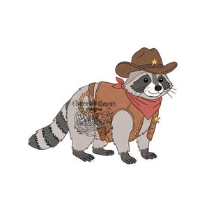 May include: Illustration of a raccoon dressed as a cowboy. The raccoon wears a brown cowboy hat with a star, a brown vest, a red bandana, and a sheriff's badge. The raccoon has a gray and black striped tail.