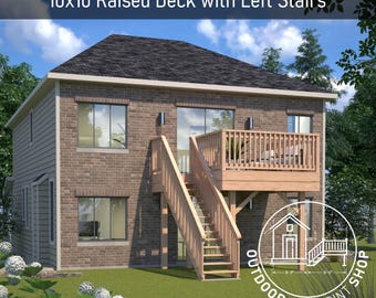 Erhöhtes Deck 10x10 mit linker Treppe | Handwerker bereit Bauplan | Sofort PDF Download