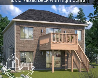 Erhöhtes Deck 10x12 mit rechten Treppen-Plänen | Handwerker bereit Bauplan | Sofort PDF Download