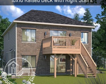 Erhöhtes Deck 10x10 mit rechten Treppen-Plänen | Handwerker bereit Bauplan | Sofort PDF Download