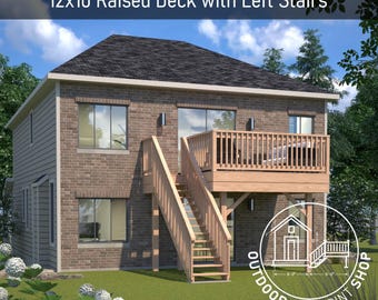 Erhöhtes Deck 12x10 mit Linker Treppe Plan | Handwerker bereit Bauplan | Sofort PDF Download