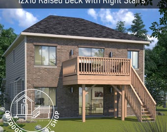 Erhöhtes Deck 12x10 mit rechter Treppe |  Handwerker bereit Bauplan | Sofort PDF Download