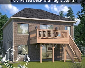 Erhöhtes Deck 14x10 mit rechten Treppenplan | Handwerker bereit Bauplan | Sofort PDF Download