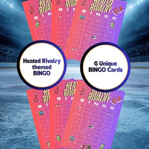 May include: Six "Heated Rivalry" themed bingo cards with a pink and purple gradient background. Each card features a grid with various hockey-related images and the text "Heated Rivalry Bingo". Two circular graphics read "Heated Rivalry themed BINGO" and "6 Unique BINGO Cards".