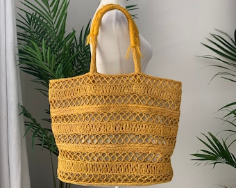 Vintage Yellow Straw Tote Bag