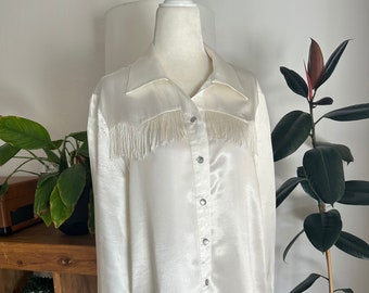 White Satin Fringe Western Blouse