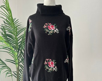 Vintage Rose Cross Stitch Turtleneck Sweater