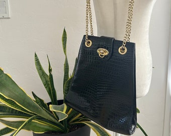 90’s Alligator Embossed Black Patent Leather Quilted Gold Chain Bag