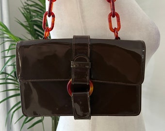 Brown Vinyl Tortoiseshell Chain Handbag