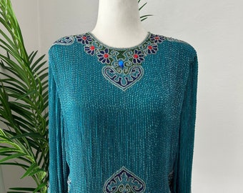 Naeem Khan Dark Teal Silk Beaded Blouse