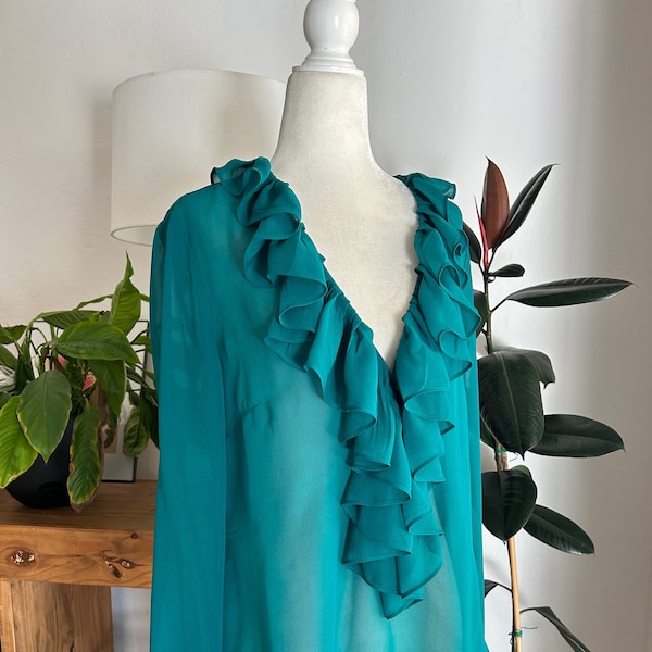 90's Teal Ruffled Silk Blouse