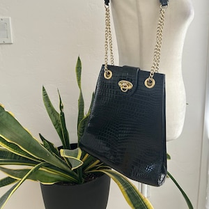 90’s Black Patent Leather Quilted Gold Chain Bag